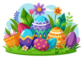 A colorful bunch of Easter eggs are scattered in a grassy field