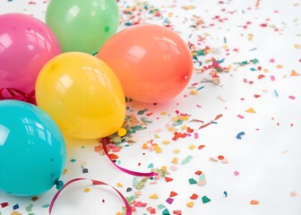 Colorful balloons and confetti on a white background