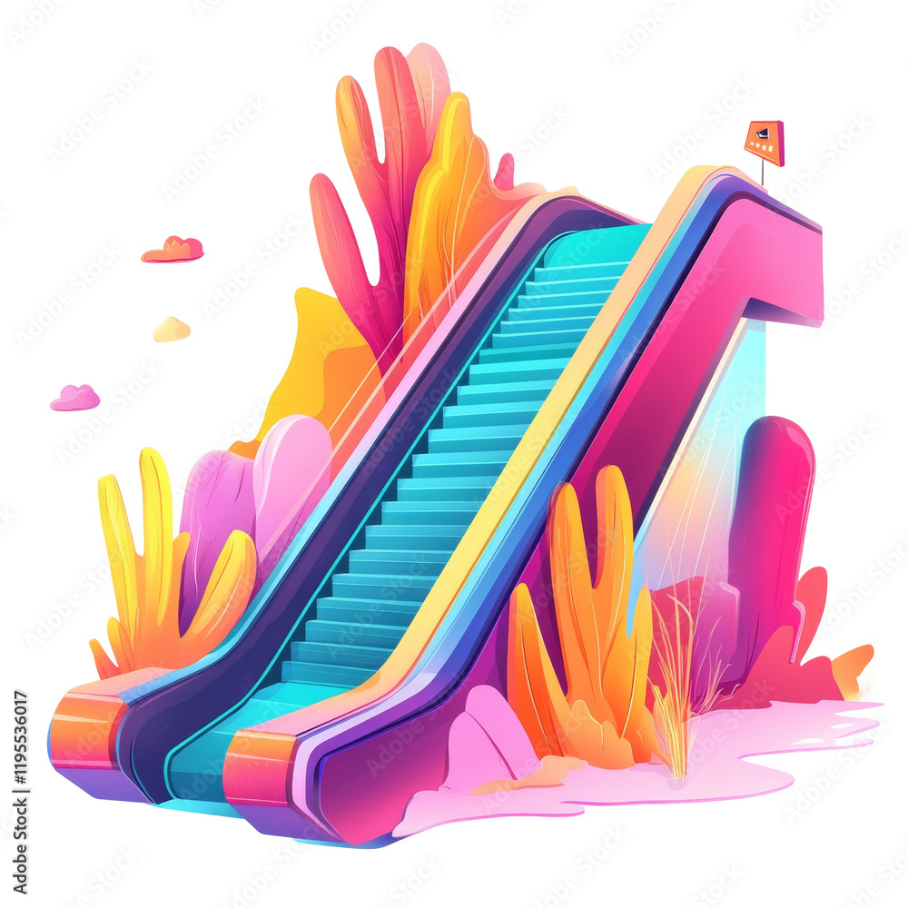 Poster A stylized illustration of a brightly colored escalator amidst abstract floral elements creating a whimsical and dynamic scene.