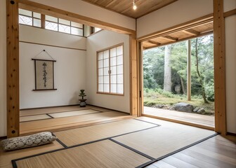 Minimal Wooden Frame in Zen Meditation Room with Neutral Tones and Natural Light for Wellness or Interior Design Projects