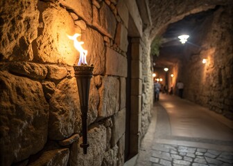 Flaming Torch Against Rough Stone Wall