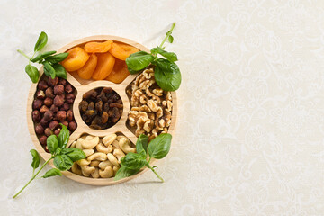 Concept of the Jewish holiday Tu Bishvat. Dried Fruits and Nuts Arrangement.