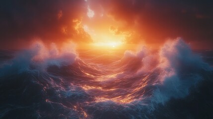 Fototapeta premium Fiery sunset over turbulent ocean waves.