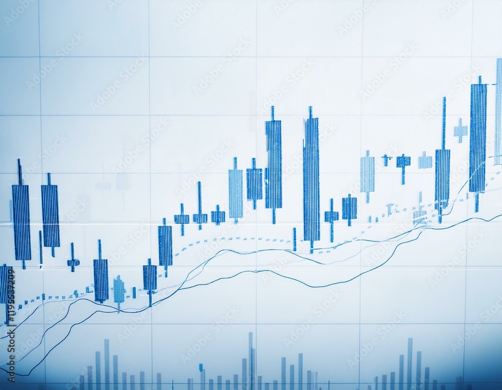 Poster blue candlestick chart overlaying numerical data on a clean white background representing forex and 