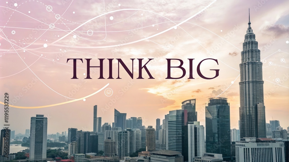 Poster think big cityscape view - a cityscape view with modern architecture and a stylized graphic overlay,