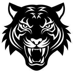 Obraz premium Tiger head black silhouette vector, Simple silhouette Design vector icon with white background. Wild Animal Vector. roaring tiger head