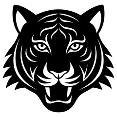 Obraz premium Tiger head black silhouette vector, Simple silhouette Design vector icon with white background. Wild Animal Vector. roaring tiger head