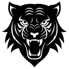 Tiger head black silhouette vector, Simple silhouette Design vector icon with white background. Wild Animal Vector. roaring tiger head