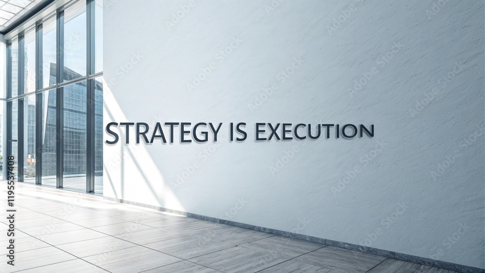 Poster strategy is execution business concept - image shows an office area with a large wall stating the te