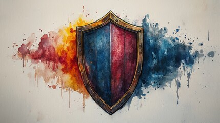 Watercolor painting of a medieval shield with red and blue halves, set against a vibrant color splash background.