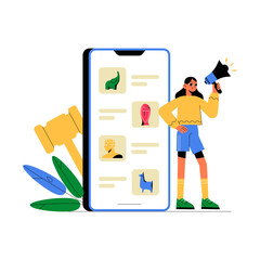 Woman Promoting NFT Collection On Mobile App In Flat Vector Illustration Symbolizing NFT Promotion, Digital Marketing, And Blockchain Technology, Isolated On White Background.