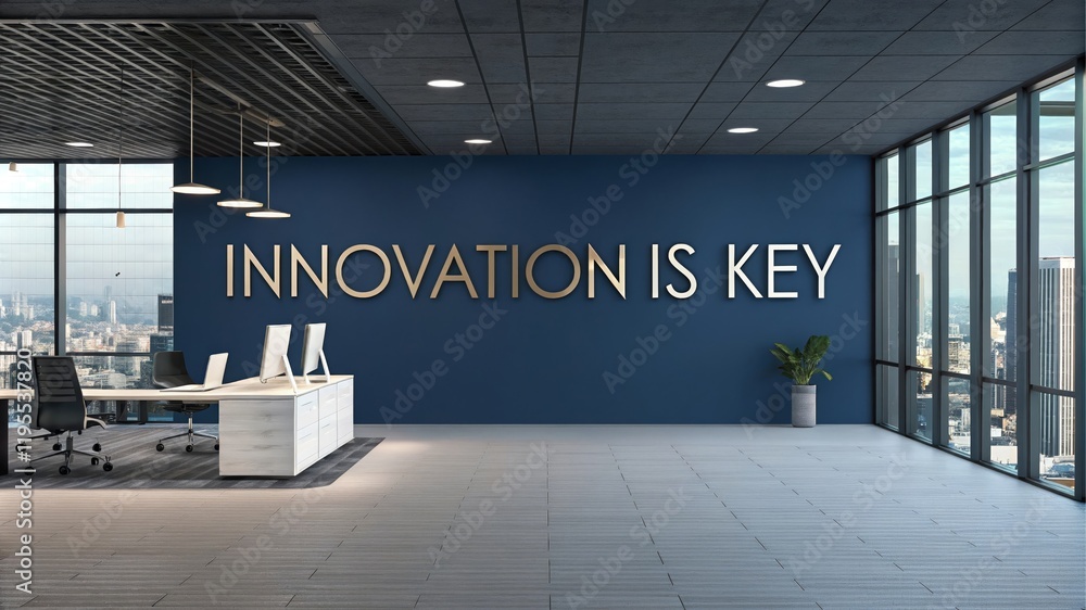 Poster office with innovation message - modern office with large windows and text “innovation is key” on wa