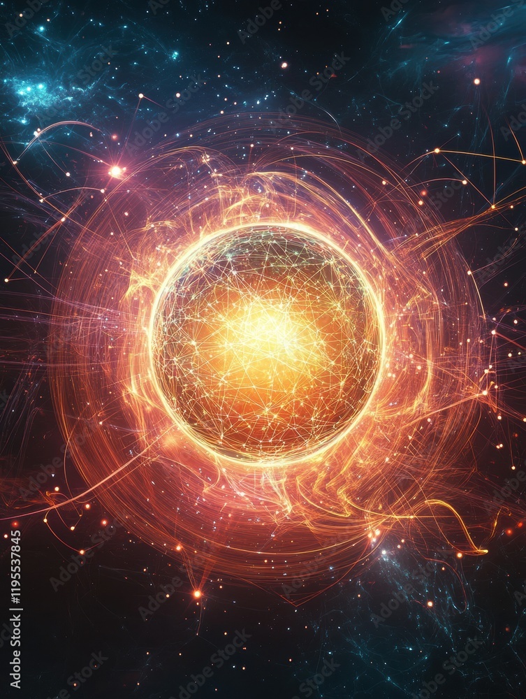 Poster glowing digital globe illuminated by flowing lines and points in a cosmic background. generative ai