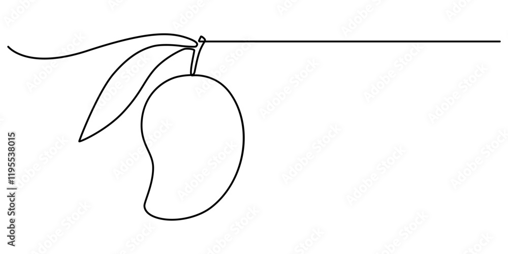 Aufkleber Continuous one line drawing of mango. Doodle vector illustration, Continuous one line drawing of mango fruit with leaf. Mango fruit hand drawn single line art vector illustration, Continuous line draw
