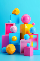 Fototapeta premium Vibrant Vertical Blue Background with Colorful 3D Geometric Shapes.