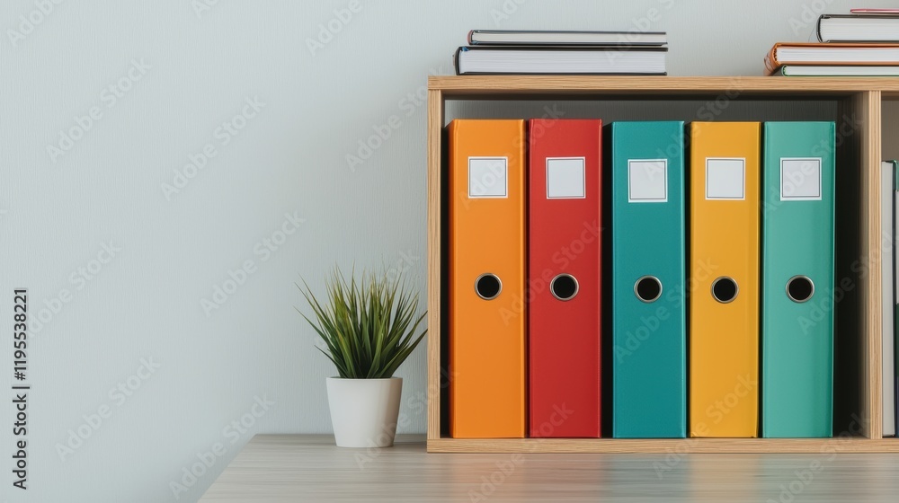 Poster Colorful ring binders standing in a row on wooden shelf, promoting efficient workflow