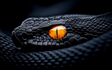 A black snake with an orange eye