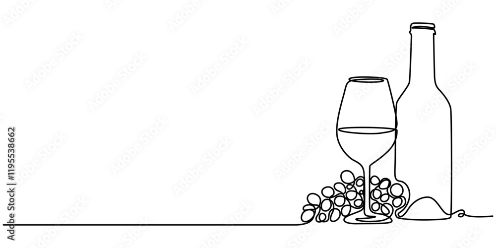 Poster vector continuous one single line drawing icon of wine glass and grapes in silhouette on a white bac