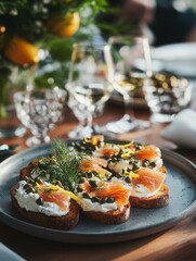 Gourmet smoked salmon appetizers with capers and dill on rustic bread.