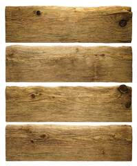 Set of Four Aged Rustic Wooden Planks with Natural Knots and Weathered Wood Grain, Isolated on White Background, Perfect for Vintage Design, Craft Projects, Carpentry, or Rustic Decor Inspiration
