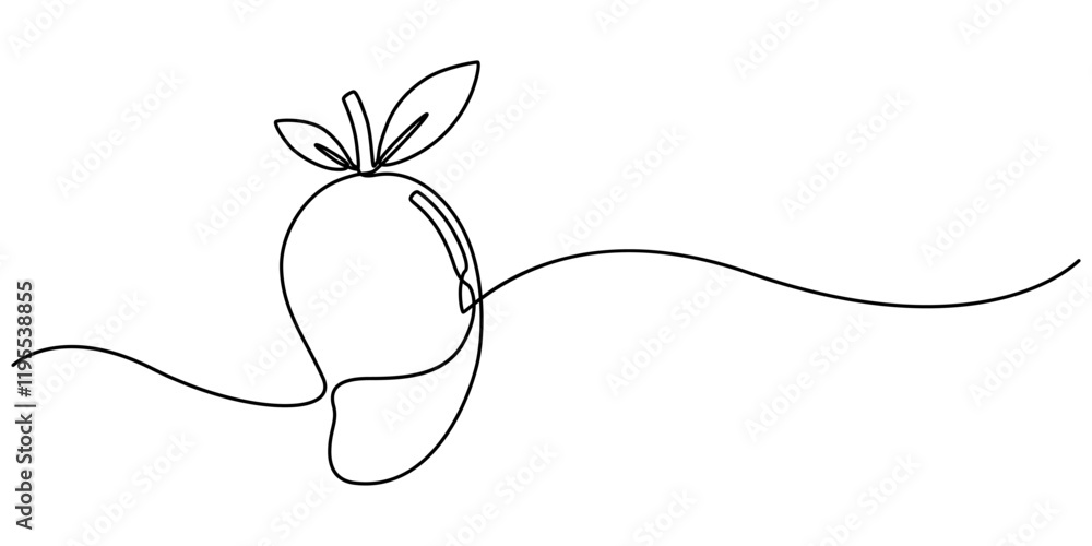 Poster Continuous one line drawing of mango. Doodle vector illustration, Continuous one line drawing of mango fruit with leaf. Mango fruit hand drawn single line art vector illustration, Continuous line draw