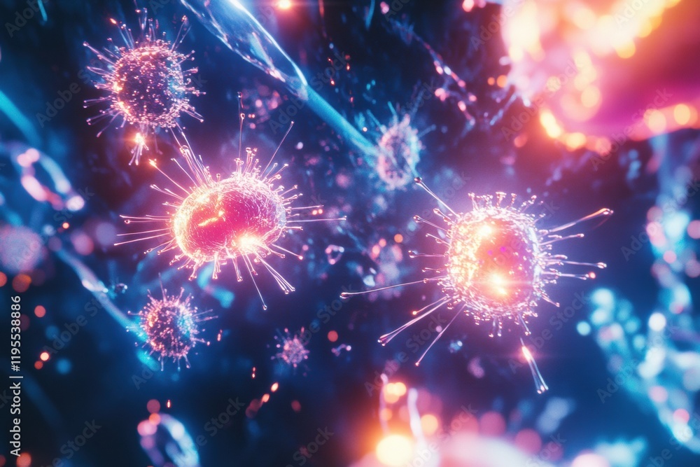 Poster visualization of antibodies engaging with pathogens in a vibrant microscopic environment. generative
