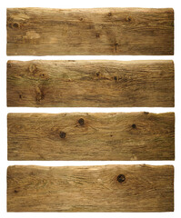 Set of Four Aged Rustic Wooden Planks with Natural Knots and Weathered Wood Grain, Isolated on White Background, Perfect for Vintage Design, Craft Projects, Carpentry, or Rustic Decor Inspiration