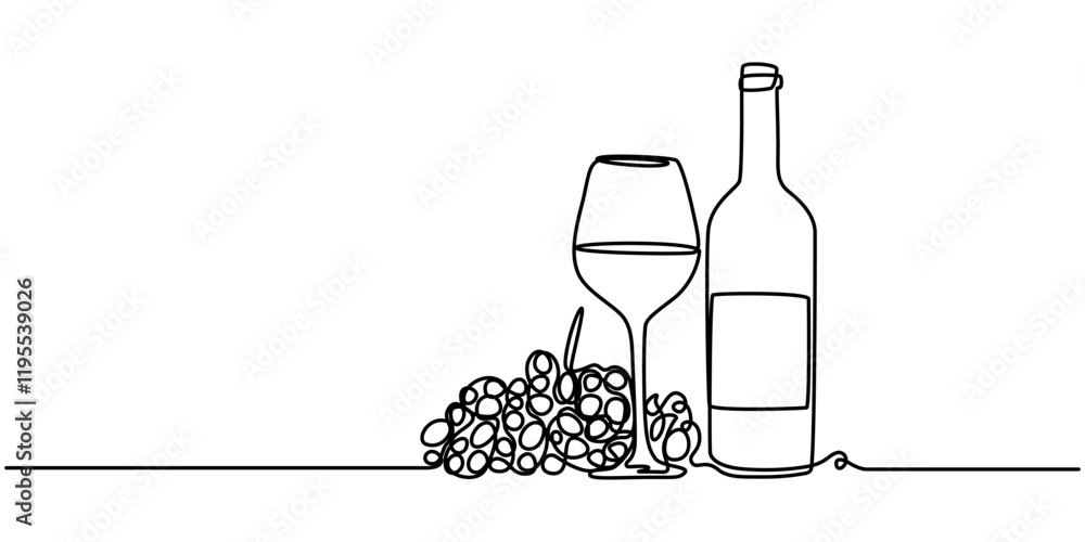Poster vector continuous one single line drawing icon of wine glass and grapes in silhouette on a white bac