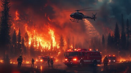 Heroic Firefighters Battling Massive Forest Fire – Ground Crew with Fire Trucks and Helicopter Dropping Water, Dramatic Scene of Teamwork, Flames, Smoke, and Urgent Emergency Response
