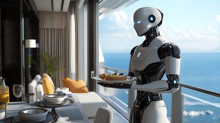 A sleek AI-powered robotic butler serving breakfast