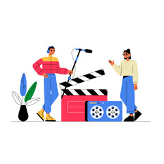 Film Crew With Sound Engineer And Director In Flat Vector Illustration Symbolizing Movie Production, Filmmaking, And Creative Industry, Isolated On White Background