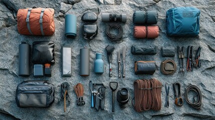 Flatlay of camping and hiking gear on rock.