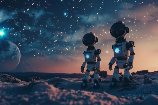 Two robots exploring a cosmic landscape under a starry sky with a distant planet.