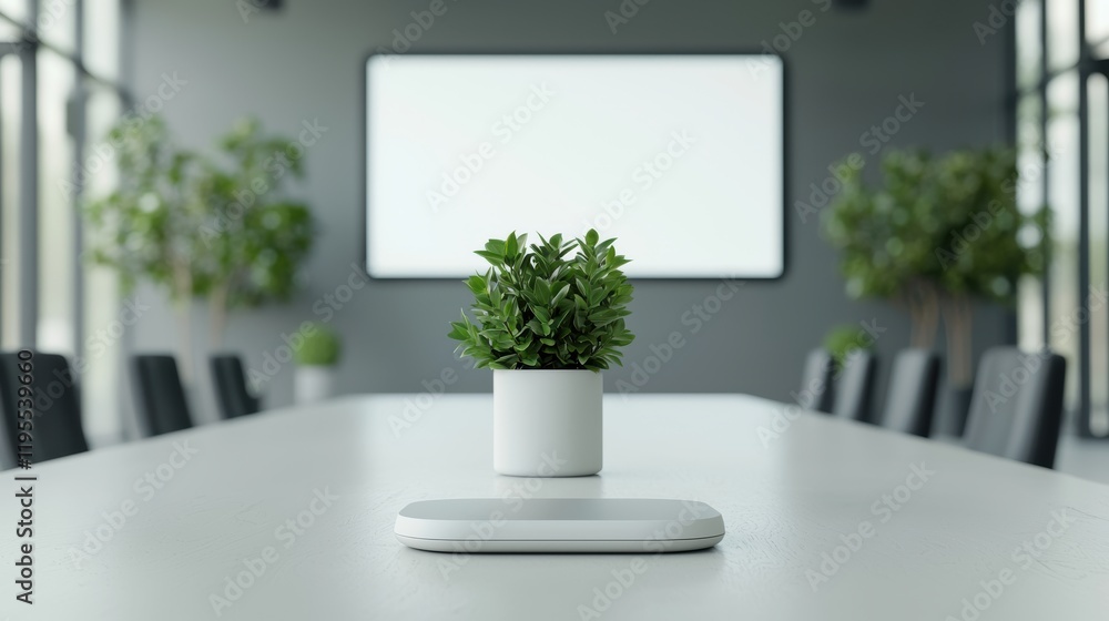 Poster empty conference table with wireless charging pad and digital projector