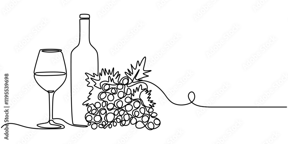 Poster vector continuous one single line drawing icon of wine glass and grapes in silhouette on a white bac