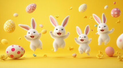 Obraz premium Playful easter bunnies in cartoon style with colorful eggs on yellow background for festive designs.
