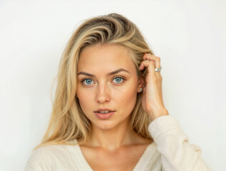 Fototapeta premium Blonde woman with blue eyes minimalist portrait