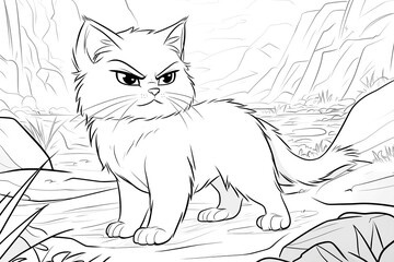 A cat with a scowl on its face stands on a rock