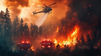 Heroic Firefighters Battling Massive Forest Fire – Ground Crew with Fire Trucks and Helicopter Dropping Water, Dramatic Scene of Teamwork, Flames, Smoke, and Urgent Emergency Response