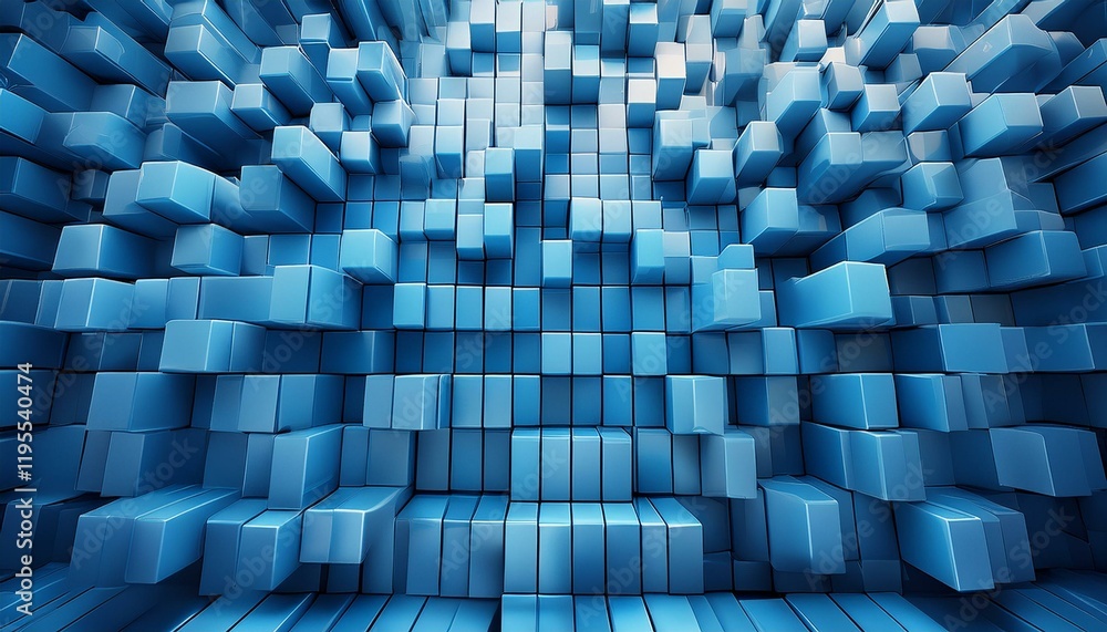 Poster blue wall of cubes with random depth position