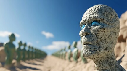 Obraz premium Stone alien stares intensely bright sunlight desert landscape. AI Generated