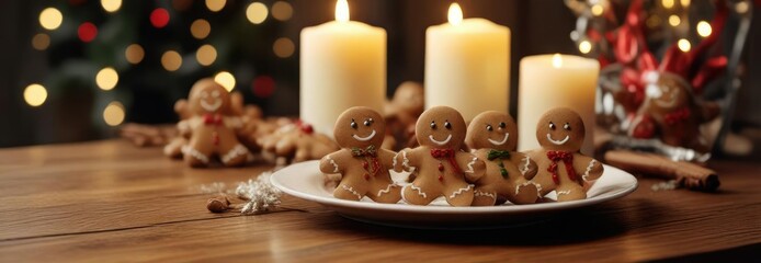 Naklejka premium A plate of warm Christmas gingerbread men on a wooden table with a candle centerpiece , christmas dessert, cozy atmosphere, holiday treat