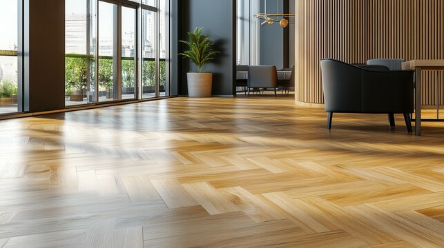 Modern office lounge with herringbone wood flooring and large windows.