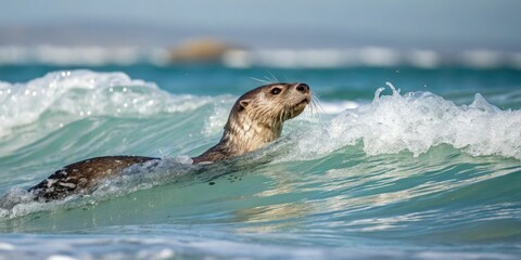 Fototapeta premium A playful otter swimming in the ocean waves, otter, cute animals, ocean