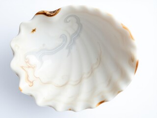 A polished sea shell with intricate surface details and swirling patterns, iridescent colors, macro photography, shell