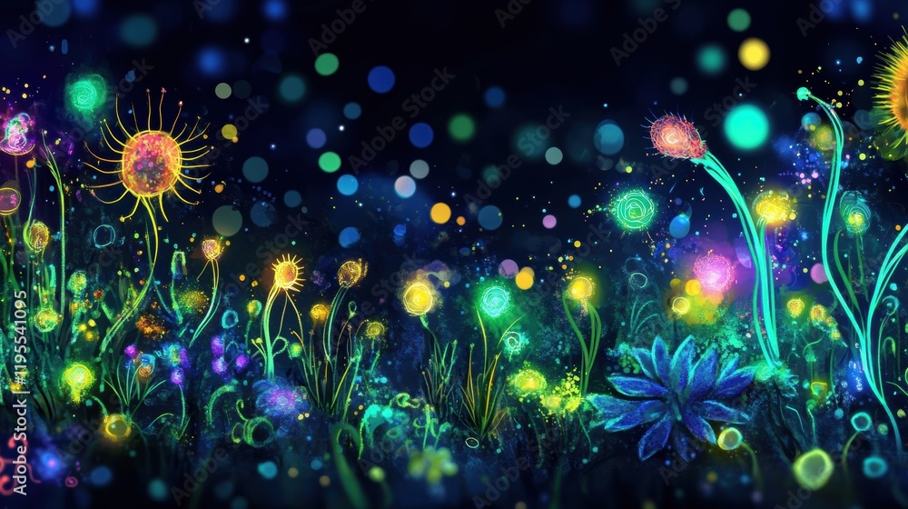 Aufkleber discovering a magical microscopic ecosystem full of vibrant microbes and colorful flora at dusk. gen