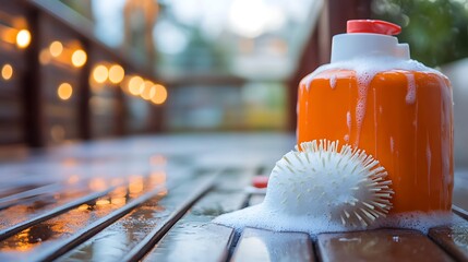 Cleaning products brush and canister with detergent soapy foam on the wooden floor of the terrace