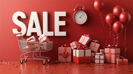 A playful, promotional banner scene: large white "SALE" text, a shopping cart filled with pastel-wrapped presents, a red alarm clock hanging on the letter "A," and floating red bal