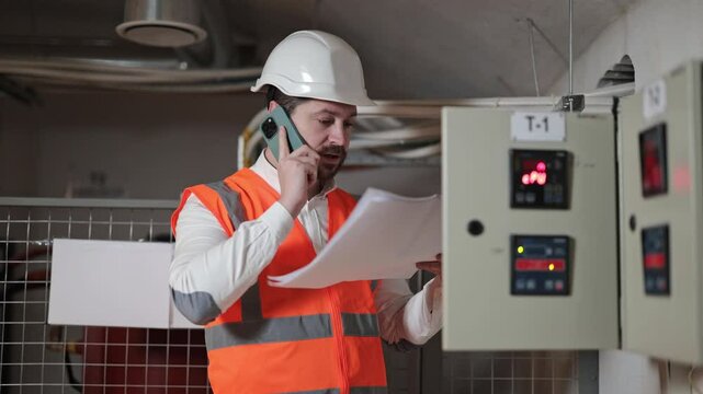 Serious electrical engineer in orange vest and white helmet discusses documentation on phone. Bearded man uses mobile device, reading documents in technical room.