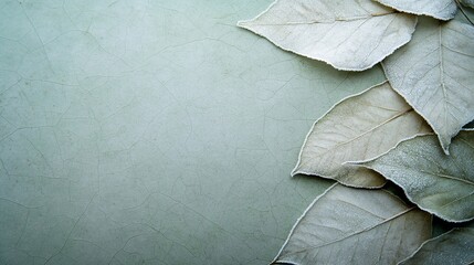 Frost-covered leaves rest on a delicate, cracked green surface.  A serene autumnal scene.